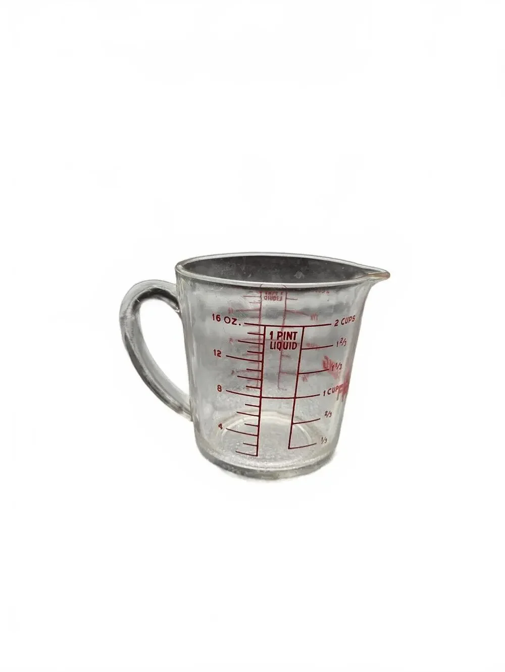Vintage Fire King #498 2 Cup Glass Measuring Cup D Handle Red lettering Perfect